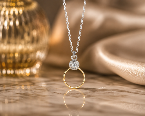 Sterling silver and gold-filled circle necklace with cubic zirconia accent, minimalist mixed-metal pendant jewelry for women
