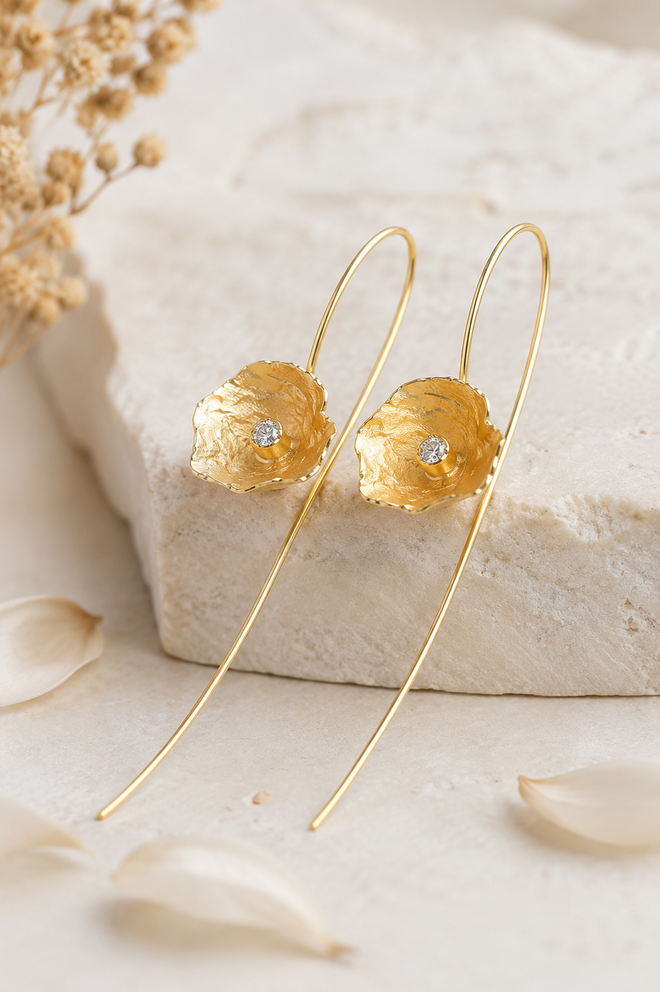 Handcrafted sterling silver gold vermeil floral earrings with long French hook ear wires and sparkling cubic zirconia, elegant lightweight designer jewelry for women.