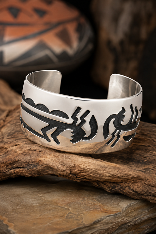 Handcrafted sterling silver Kokopelli cuff bracelet with oxidized overlay design