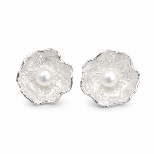 Elegant sterling silver freshwater pearl stud earrings handcrafted with an organic flower-inspired design, ideal for bridal jewelry, weddings, anniversaries, birthdays, and meaningful gifts.