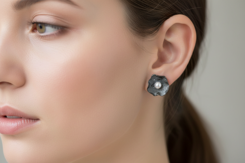 Handmade Oxidized Sterling Silver Pearl Stud Earrings