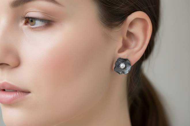 Handmade Oxidized Sterling Silver Pearl Stud Earrings