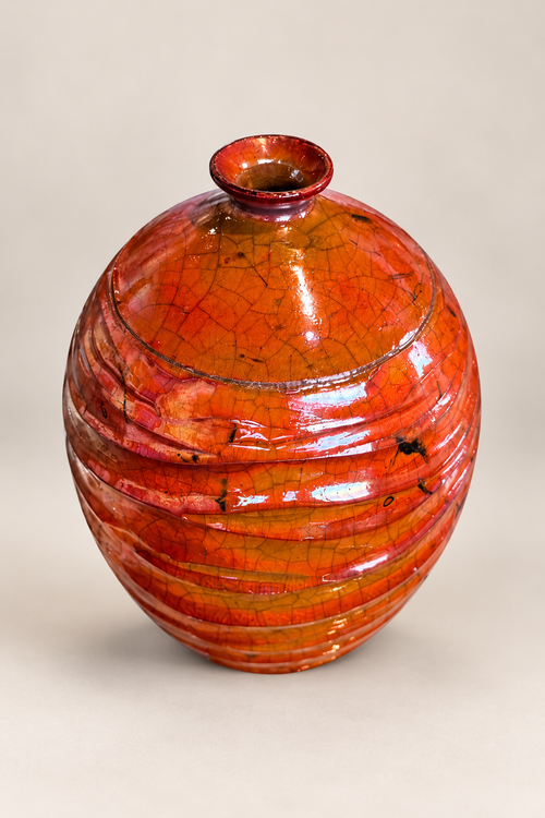 Top view of handmade studio pottery vase showing ferric chloride crackle finish and rounded opening