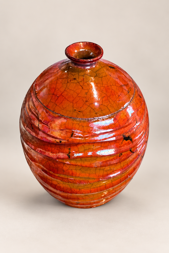 Top view of handmade studio pottery vase showing ferric chloride crackle finish and rounded opening