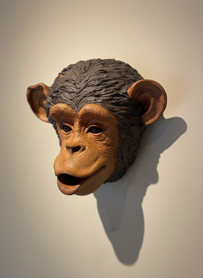 Handmade Ceramic Chimp Head Mask - Wall Hanging
