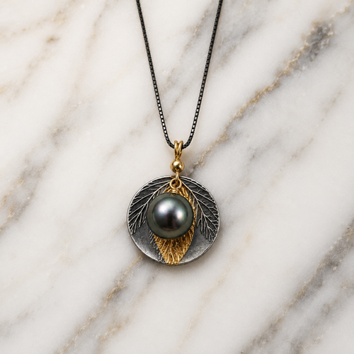 One-of-a-kind Tahitian pearl necklace handcrafted in Sedona Arizona in oxidized sterling silver with 24k gold accents