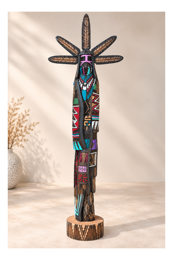 Tall Navajo Kachina sculpture by Jerold Guy with five carved feathers and hand-painted cottonwood details