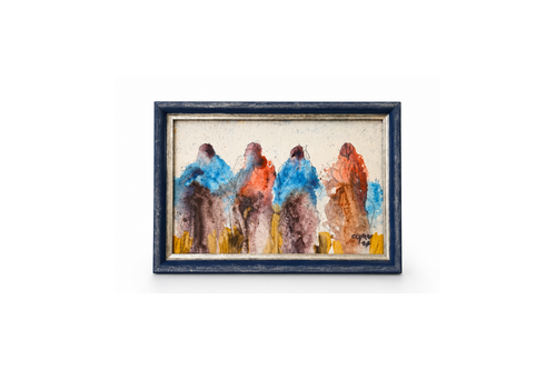 The Gathering by Al Clymer original framed painting featuring four expressive figures in blue and earth tones, one-of-a-kind artwork available at Raku Gallery in Jerome, Arizona.