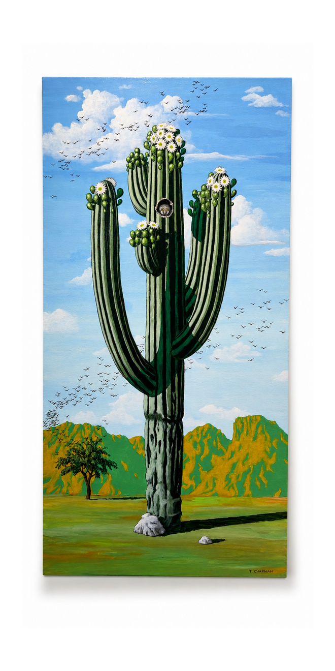 Original acrylic painting of a blooming saguaro cactus by Timothy Chapman featuring an owl in the Sonoran Desert.