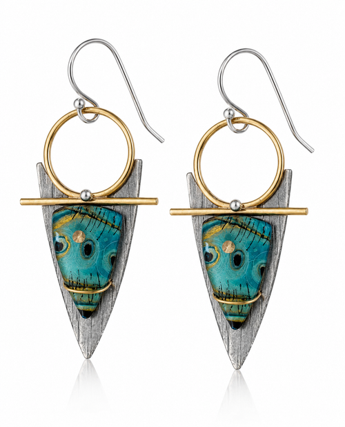 Handmade turquoise art glass dangle earrings with sterling silver ear wires and brass accents. One-of-a-kind artisan statement earrings.