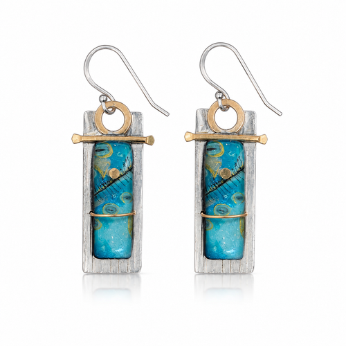 Handmade turquoise-blue art glass earrings with sterling silver ear wires and brass accents, artisan dangle earrings.