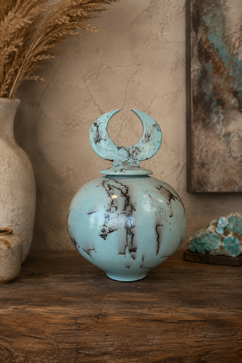 Turquoise horsehair pottery vessel with crescent lid in a Southwestern setting