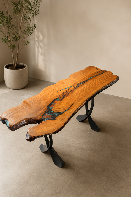 Handcrafted live edge console table with turquoise and copper inlay