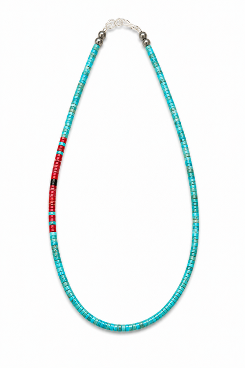 Turquoise and red spiny oyster heishi necklace hand-strung by a Kewa Pueblo artist