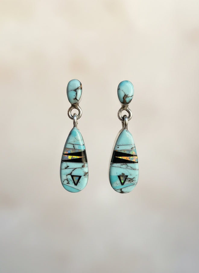 Turquoise, Black Jade & Opal Post Earrings