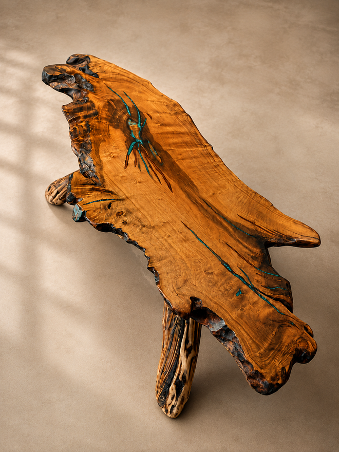 One-of-a-Kind Live Edge Mesquite Coffee Table with Turquoise & Copper Inlay – Handmade in Arizona