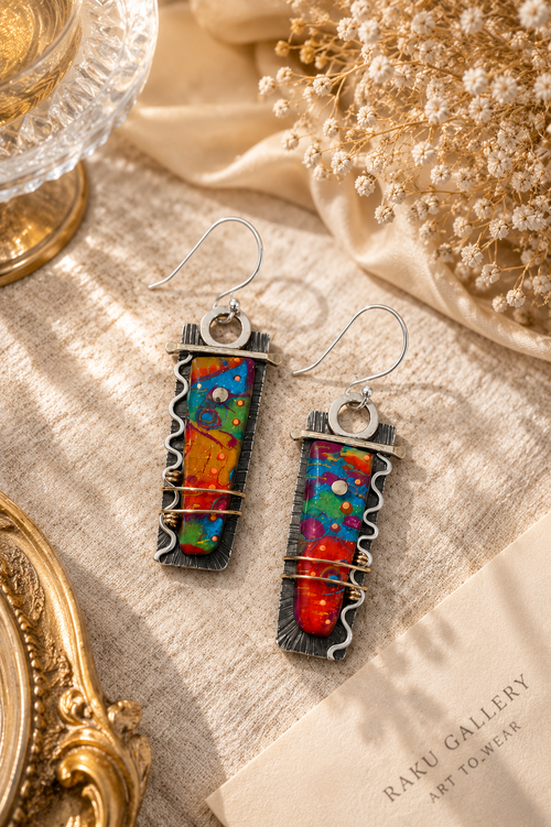 Unique colorful sterling silver earrings with vibrant artistic design, perfect statement earrings for women.