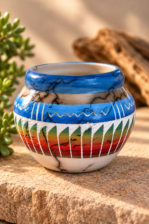 Vanessa Sam Navajo horsehair pottery pot with colorful hand-etched geometric design and natural horsehair markings