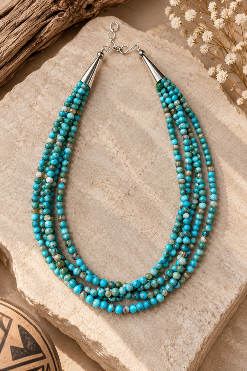 Vera Tenorio Kewa Pueblo multi-strand necklace hand-strung with 4mm turquoise beads