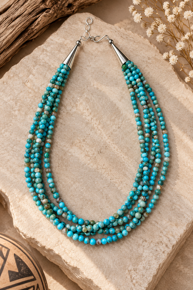 Vera Tenorio Kewa Pueblo multi-strand necklace hand-strung with 4mm turquoise beads
