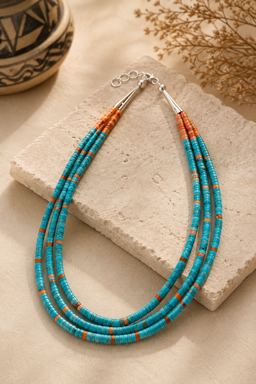 Vera Tenorio Kewa Pueblo three-strand turquoise and spiny oyster heishi necklace