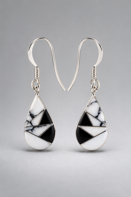 White Buffalo Turquoise and Black Jade sterling silver earrings with geometric black and white inlay in a petite teardrop design