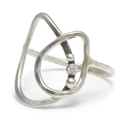 Hammered Double Teardrop Ring with CZ