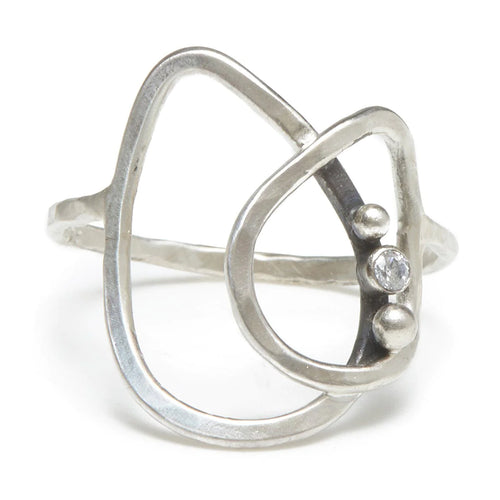 Hammered Double Teardrop Ring with CZ