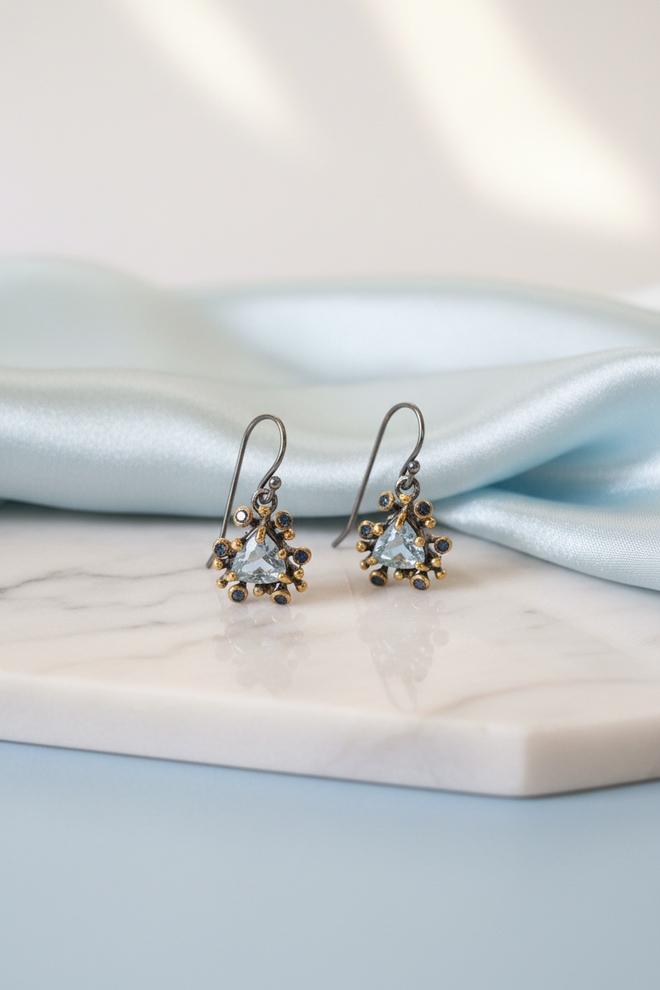 Yan Pashvoski blue topaz and sapphire earrings in sterling silver with oxidized silver and 18K gold-plated accents