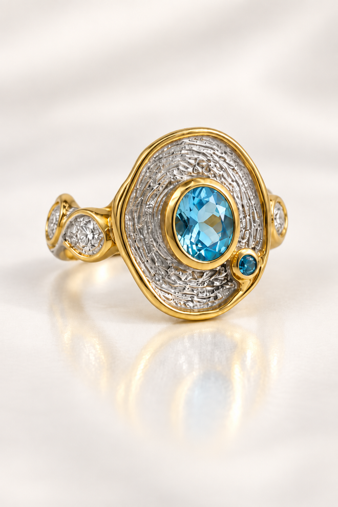 Yan Pashvoski Swiss blue topaz and blue sapphire ring in textured sterling silver with 18K gold-plated accents