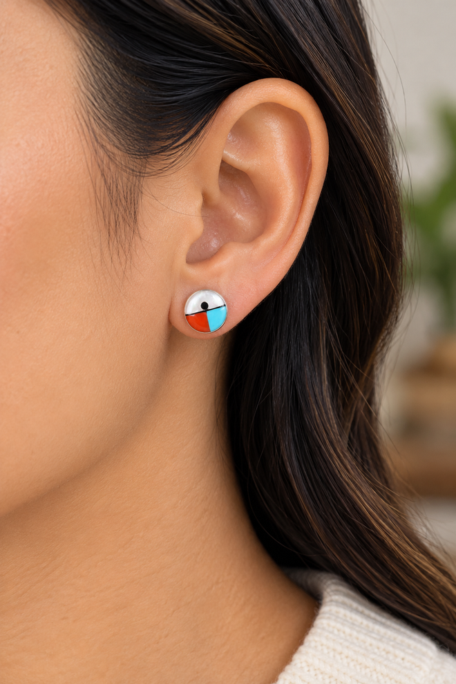 Zuni Kingman turquoise and red coral sterling silver inlay stud earring shown on ear