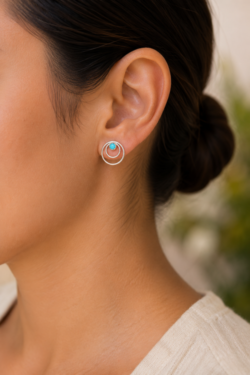 Zuni Kingman turquoise double circle sterling silver earrings shown on ear