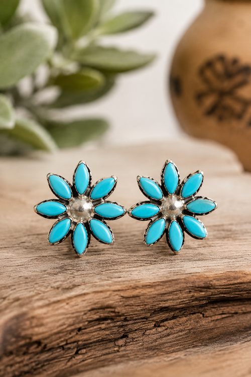 Zuni Kingman turquoise flower earrings handmade by Larry Delena in sterling silver