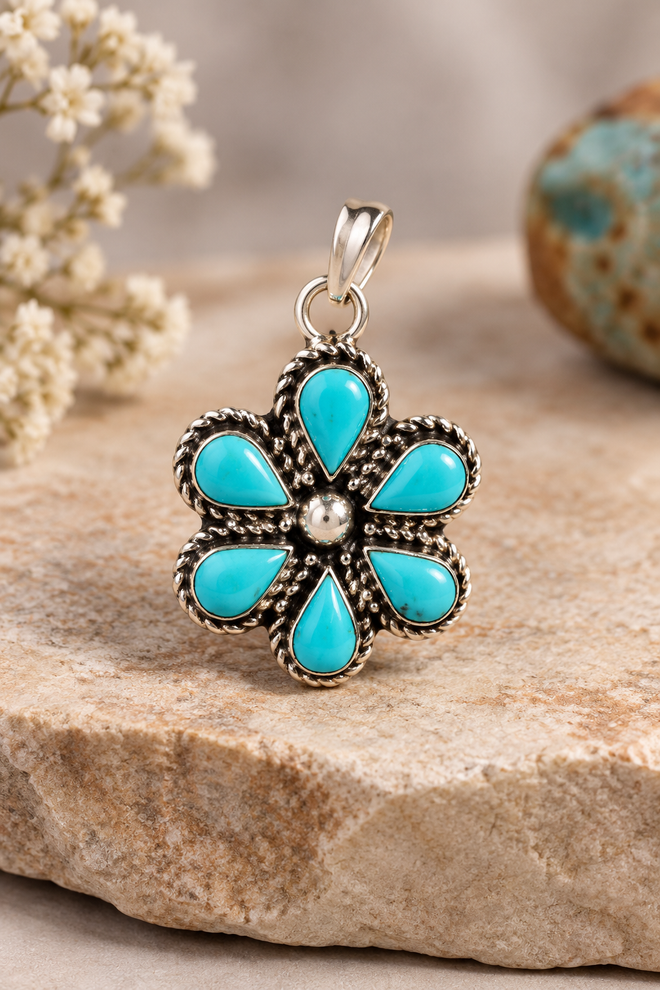 Zuni Kingman turquoise flower pendant handmade in sterling silver with six turquoise stones