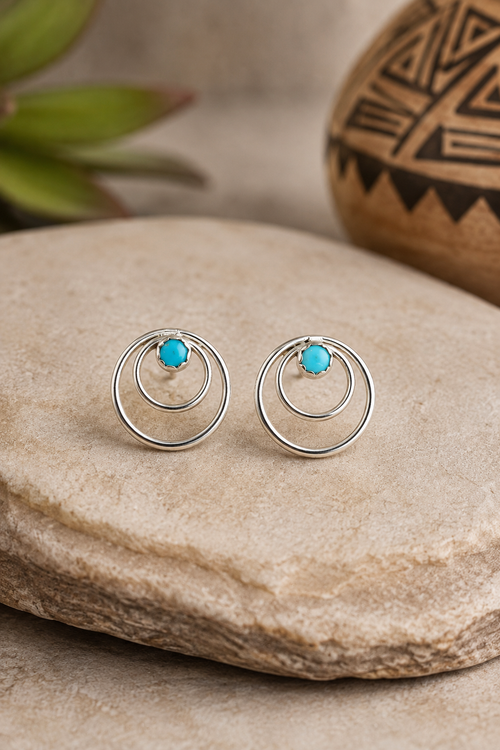 Zuni Kingman turquoise sterling silver post earrings with double circle design