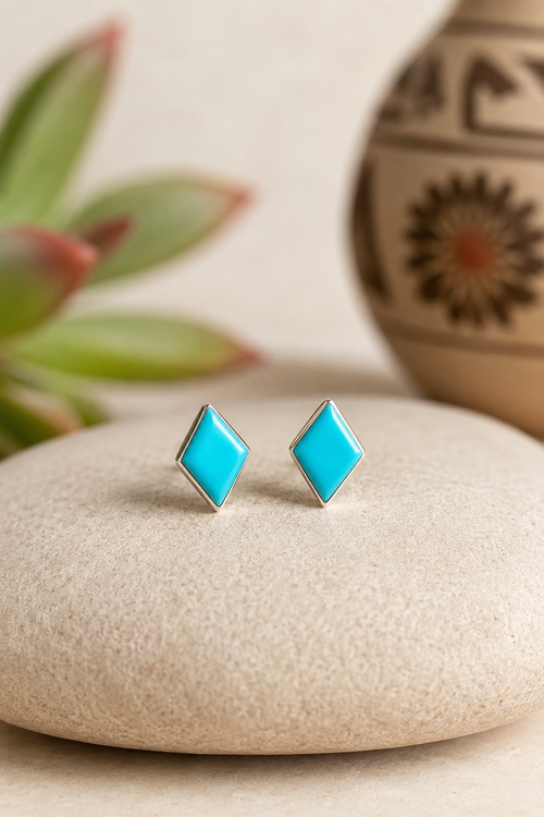 Zuni Kingman turquoise sterling silver stud earrings handmade with Arizona Blue turquoise