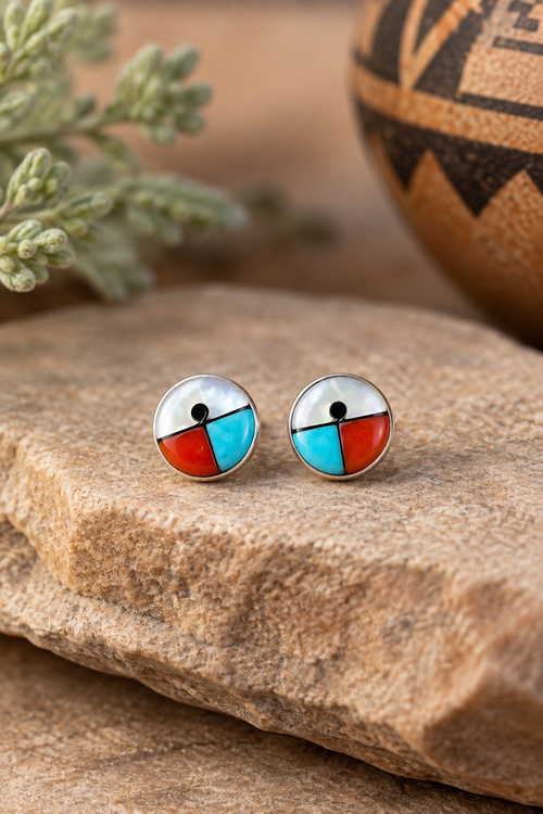Zuni multistone inlay stud earrings with Kingman turquoise, red coral, mother of pearl and black jade in sterling silver