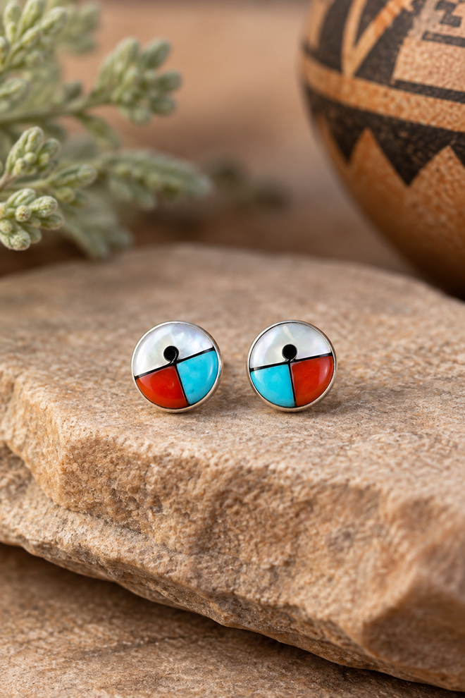 Zuni multistone inlay stud earrings with Kingman turquoise, red coral, mother of pearl and black jade in sterling silver