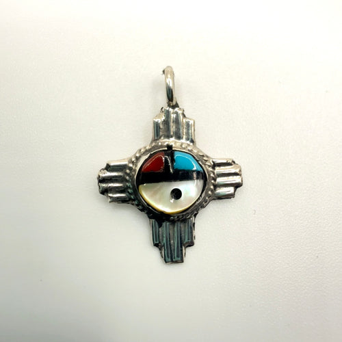 Zuni Sunface Inlay Pendant — Sterling Silver (Chain Included)