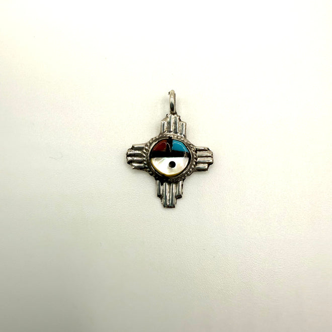 Zuni Sunface Inlay Pendant — Sterling Silver (Chain Included)