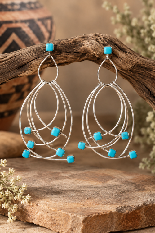 Zuni turquoise sterling silver statement dangle earrings with seven turquoise accents on each earring